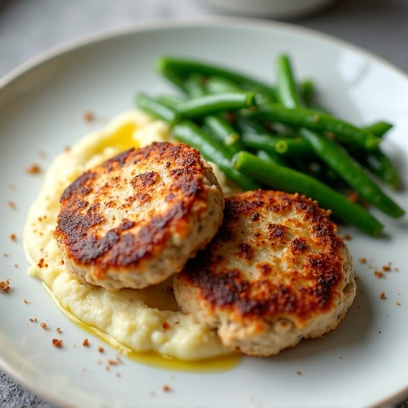 Seared Turkey Patties with Steamed Green Beans and Cauliflower Mash
