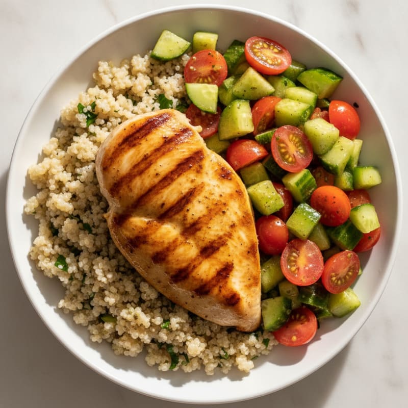 Grilled Chicken Breast with Quinoa and Crunchy Cucumber-Tomato Salad