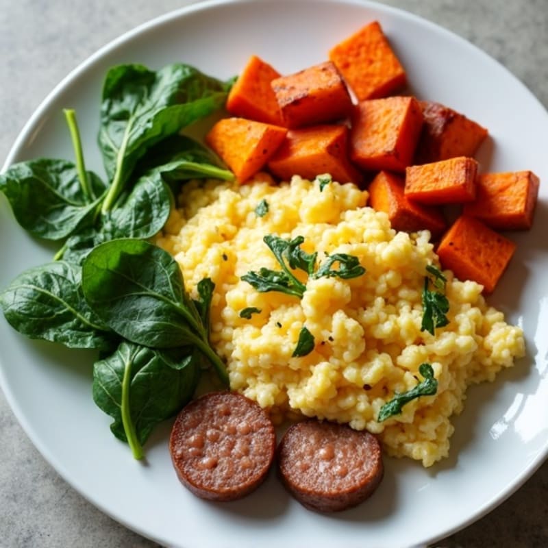 Egg White and Turkey Sausage Scramble with Spinach and Roasted Sweet Potatoes