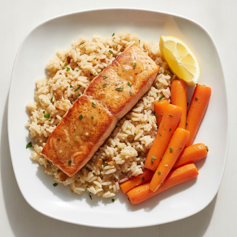 Seared Salmon with Garlic Rice and Steamed Carrots
