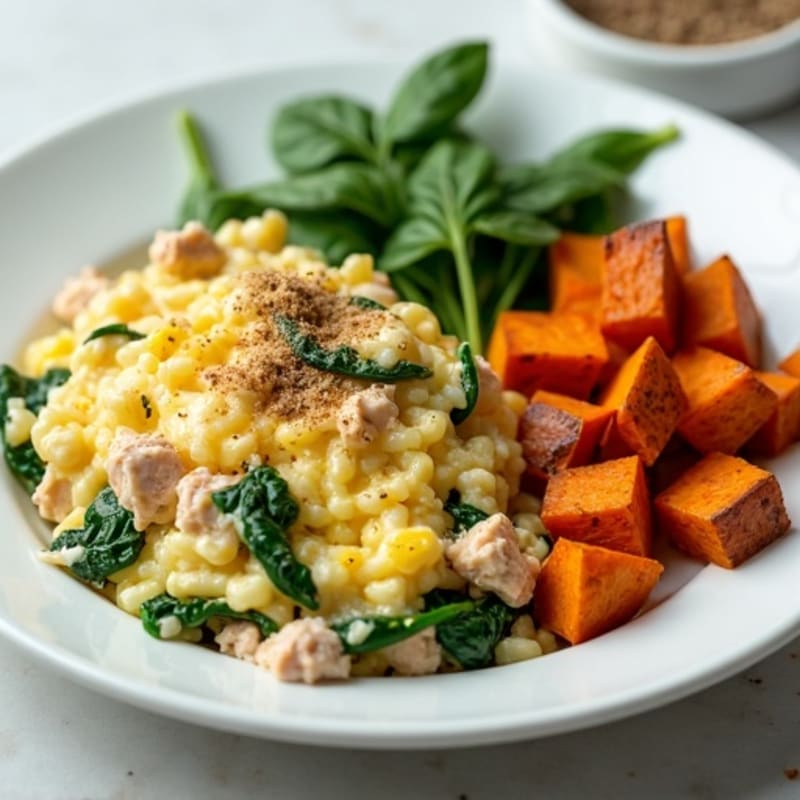 Egg White and Turkey Spinach Scramble with Roasted Sweet Potato