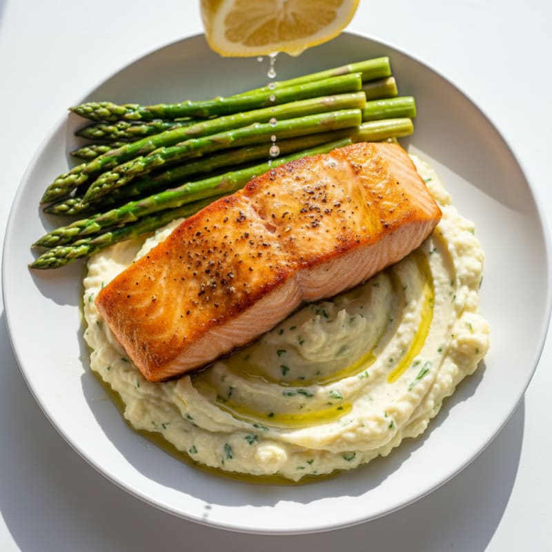 Seared Salmon with Steamed Asparagus and Garlic Mashed Cauliflower