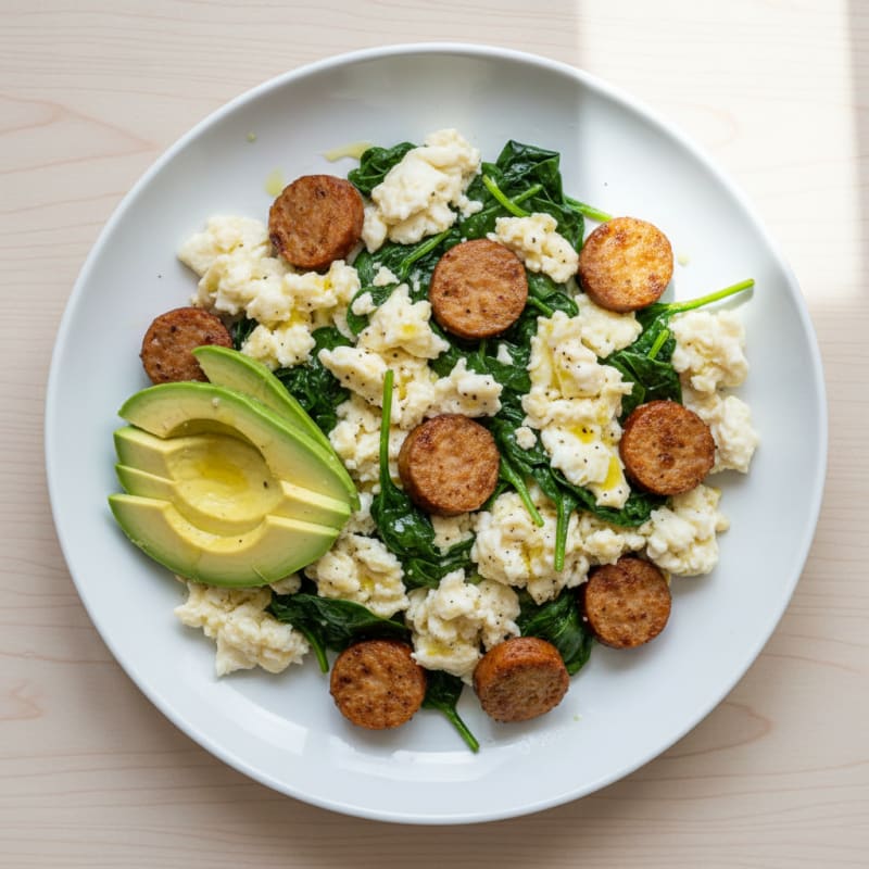 Egg White Scramble with Turkey Sausage and Sautéed Spinach