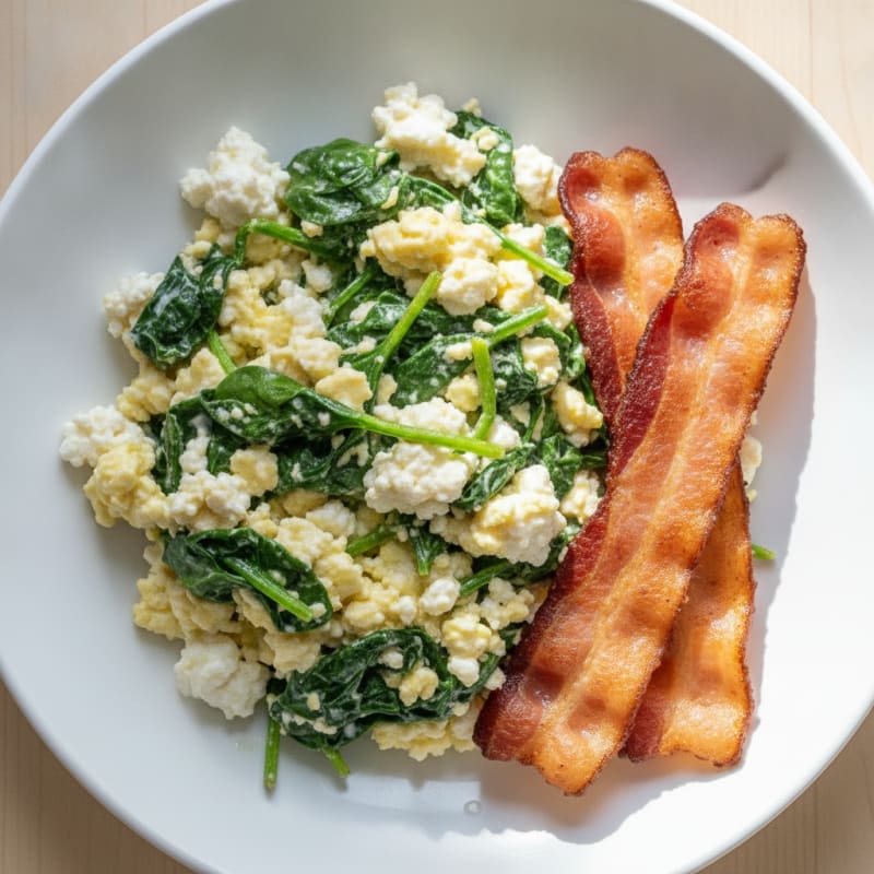 Cottage Cheese Scramble with Spinach and Turkey Bacon