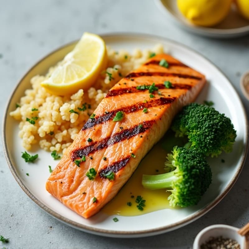 Grilled Salmon with Garlic Quinoa and Steamed Broccoli