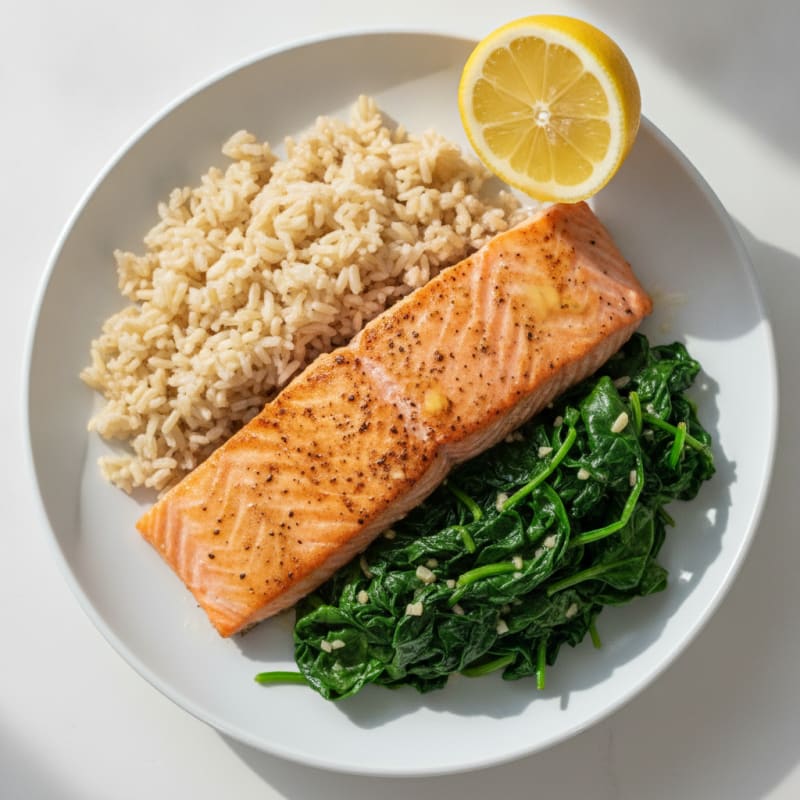 Seared Salmon Fillet with Steamed Brown Rice and Sautéed Spinach