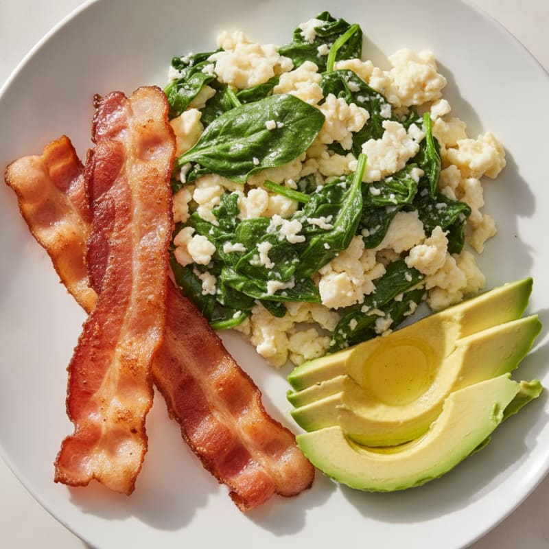 Crispy Turkey Bacon and Egg White Scramble with Sautéed Spinach