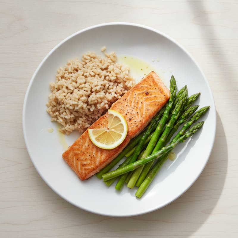 Seared Salmon with Steamed Asparagus and Brown Rice