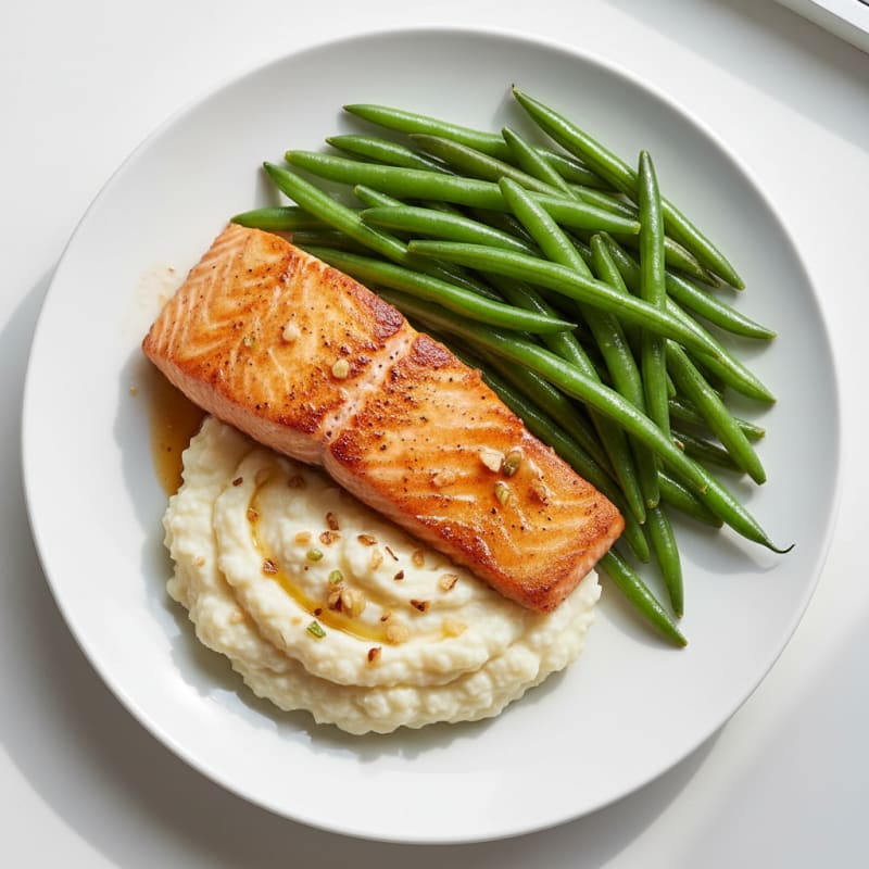 Seared Salmon with Steamed Green Beans and Garlic Mashed Cauliflower