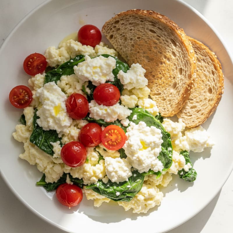 Egg White Spinach Scramble with Cottage Cheese and Fresh Tomatoes