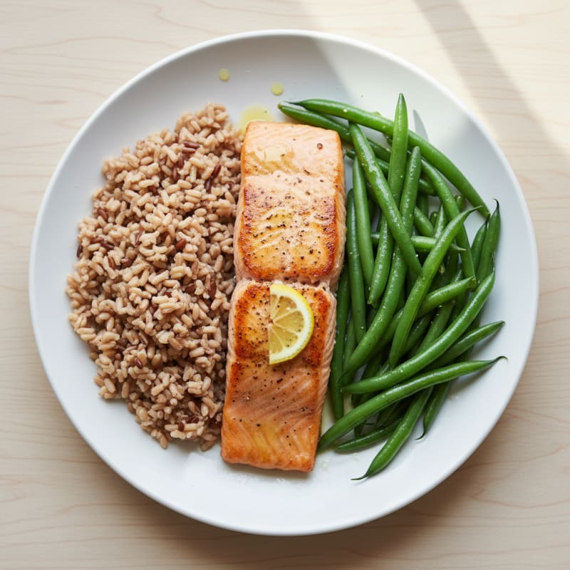 Seared Salmon with Steamed Green Beans and Brown Rice