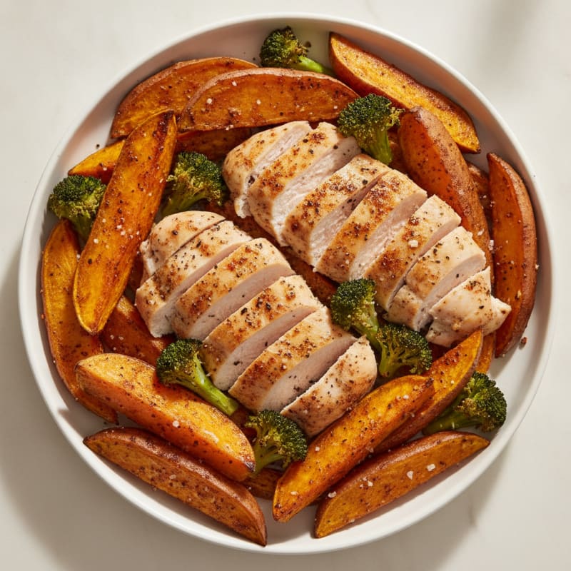 Roasted Japanese Sweet Potato Wedges with Spiced Chicken