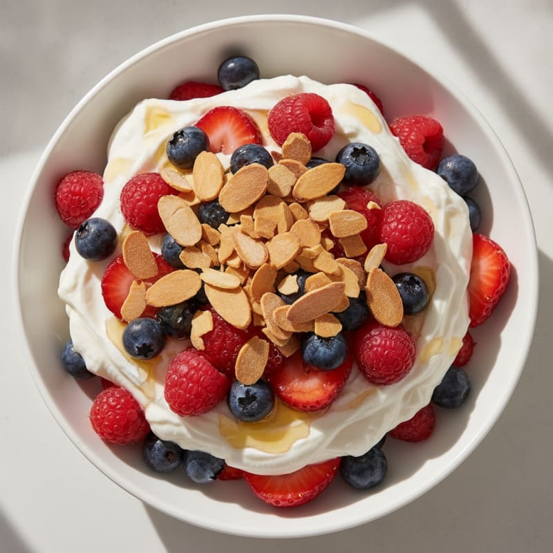 Greek Yogurt Protein Parfait with Mixed Berries and Almonds