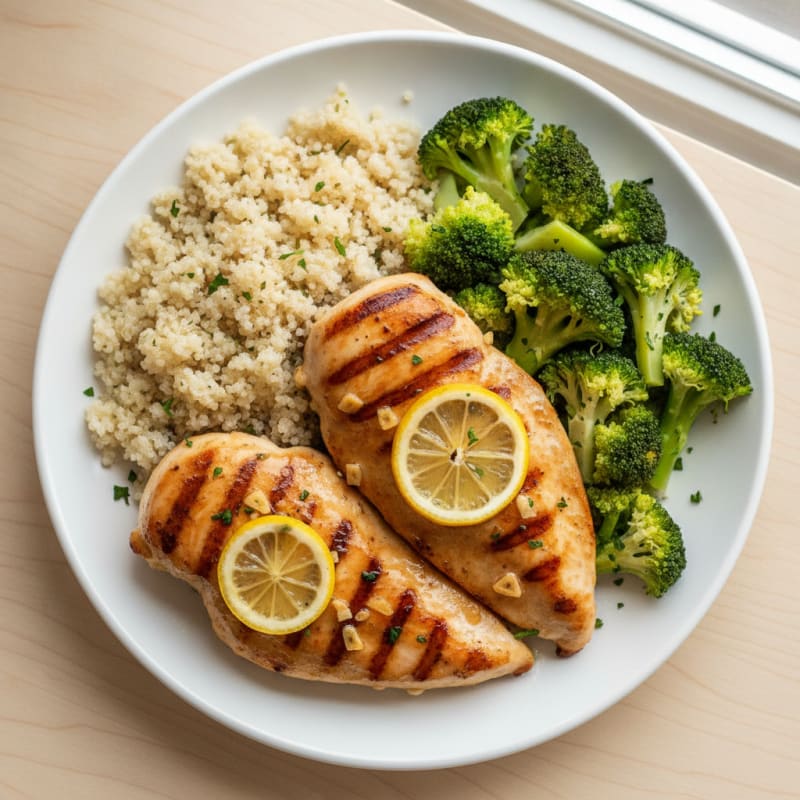 Grilled Lemon Garlic Chicken Breast with Quinoa and Steamed Broccoli