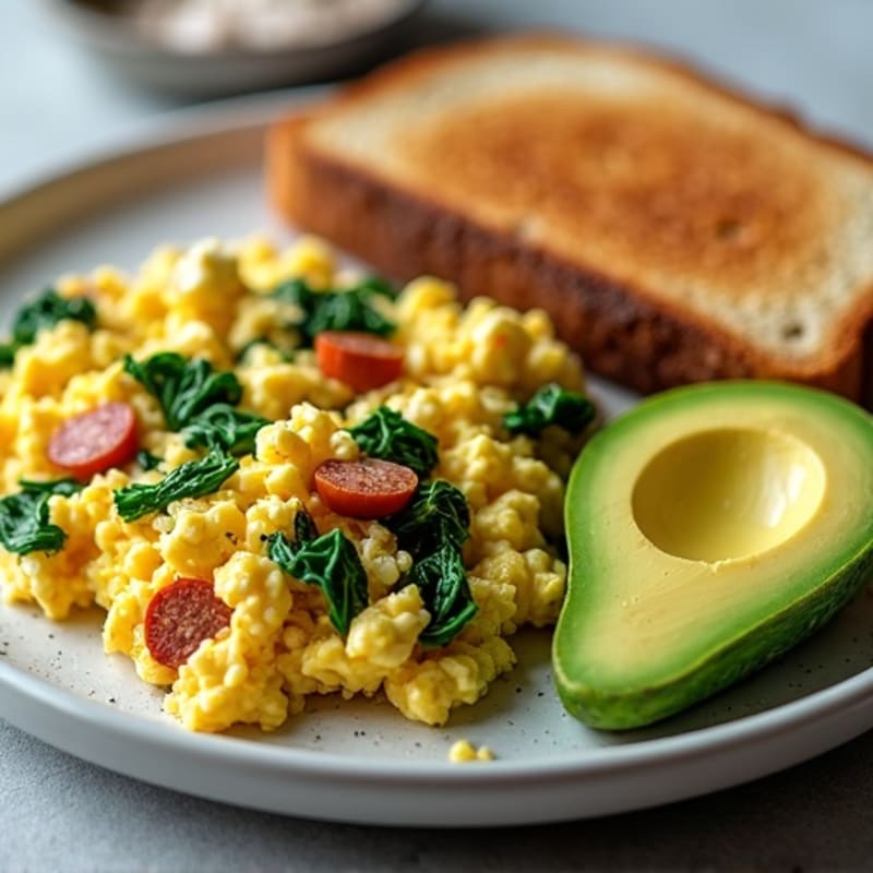 Cottage Cheese Egg Scramble with Sautéed Spinach, Turkey Sausage, Toast & Avocado