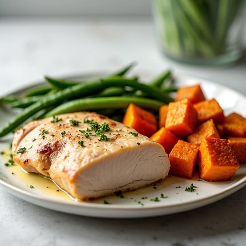 Seared Turkey Breast with Roasted Sweet Potatoes and Green Beans