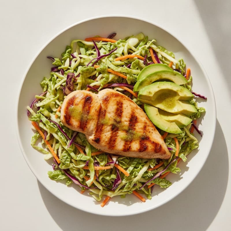 Grilled Chicken Breast with Crunchy Cabbage Slaw and Avocado