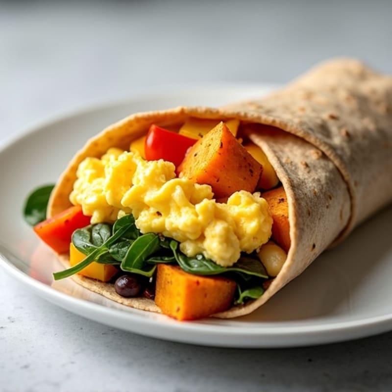 Scrambled Egg, Crispy Sweet Potato, and Fresh Veggie Burrito