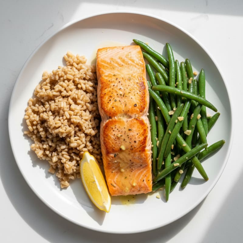 Seared Salmon with Garlic Green Beans and Brown Rice