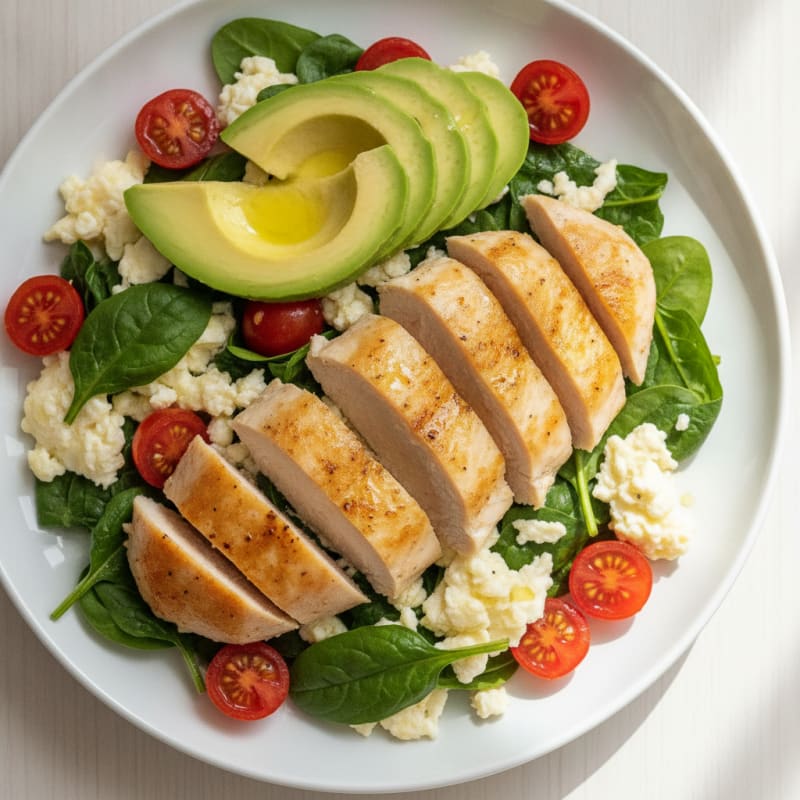 Chicken Egg White Scramble with Spinach and Cherry Tomatoes