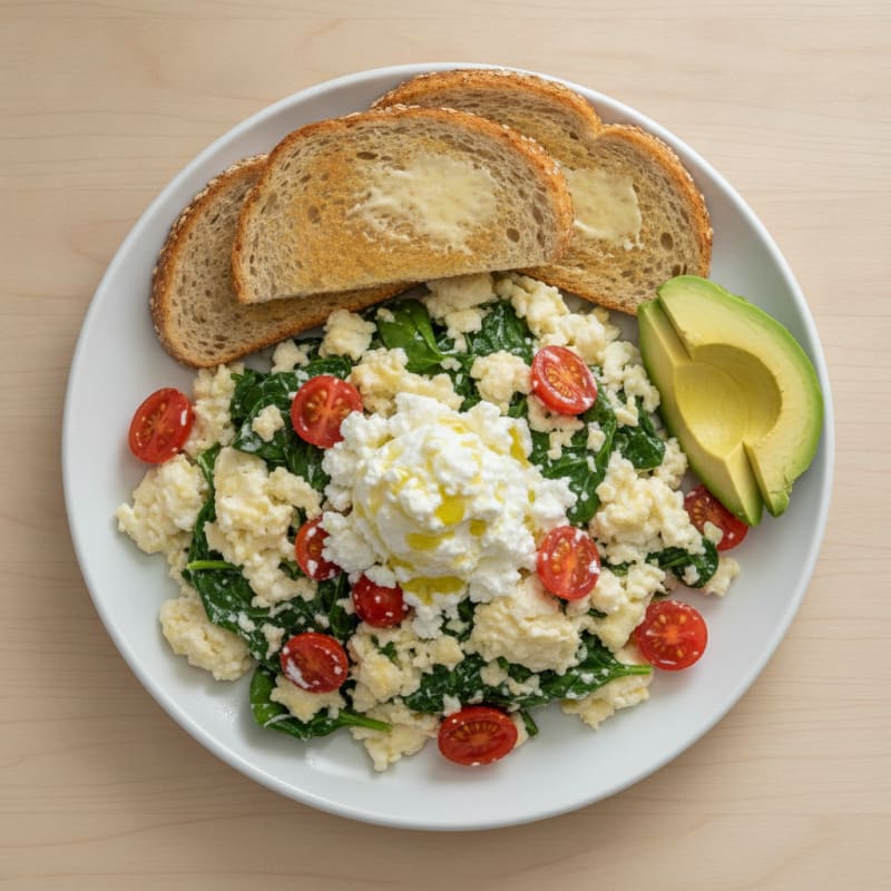 Egg White and Spinach Scramble with Cottage Cheese and Cherry Tomatoes