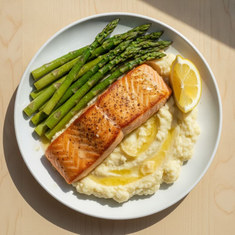 Seared Salmon with Steamed Asparagus and Garlic Mashed Cauliflower