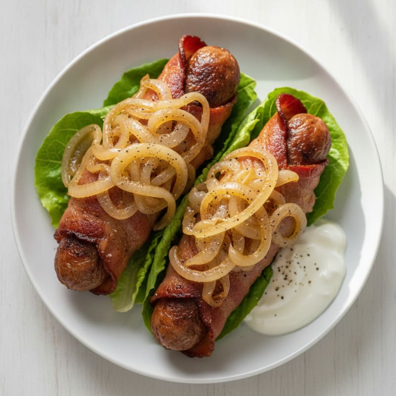 Bacon-Wrapped Hot Dogs with Caramelized Onions