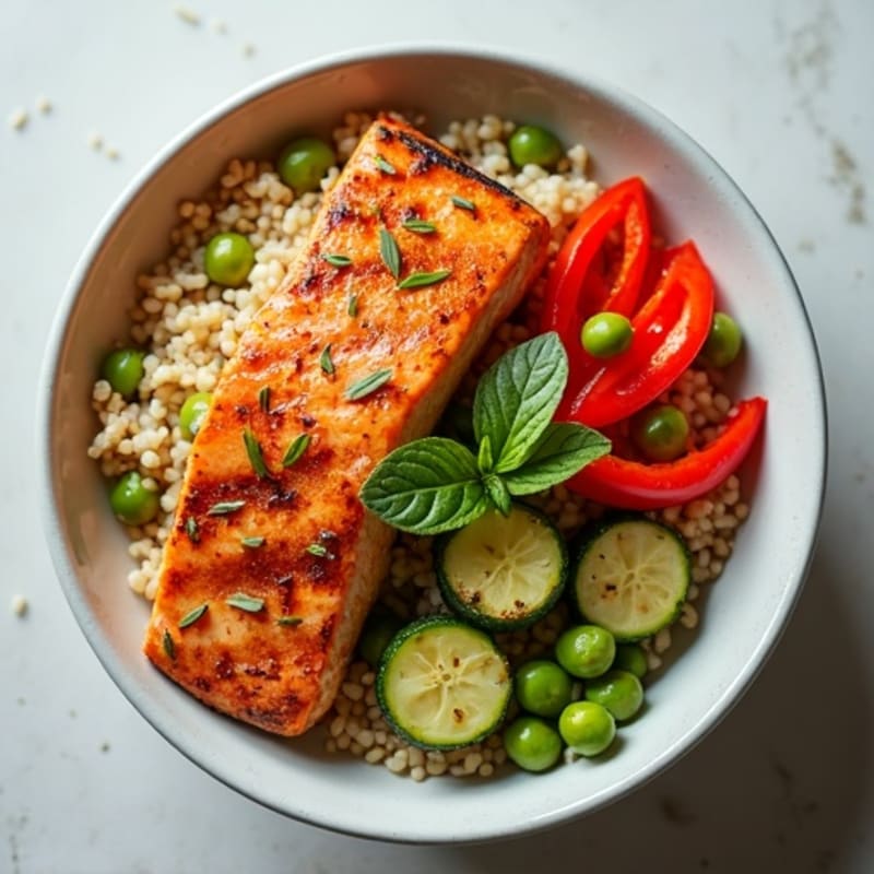Grilled Salmon Rice Bowl with Roasted Vegetables