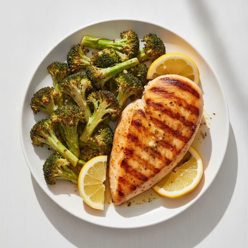 Grilled Chicken Breast with Roasted Broccoli and Lemon