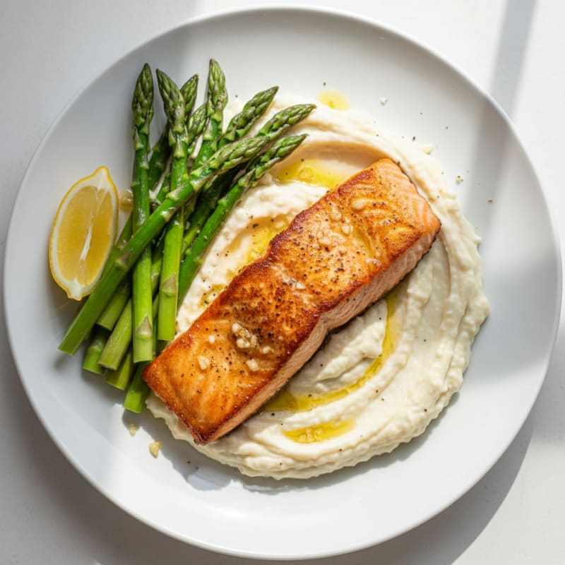 Seared Salmon with Steamed Asparagus and Cauliflower Mash