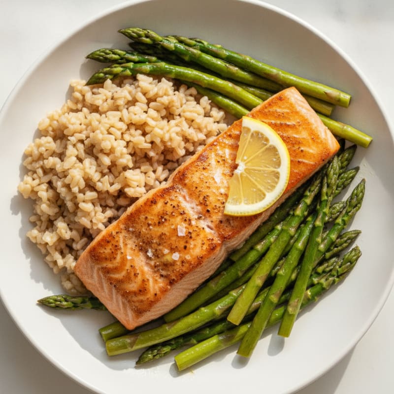 Seared Salmon with Steamed Asparagus and Brown Rice