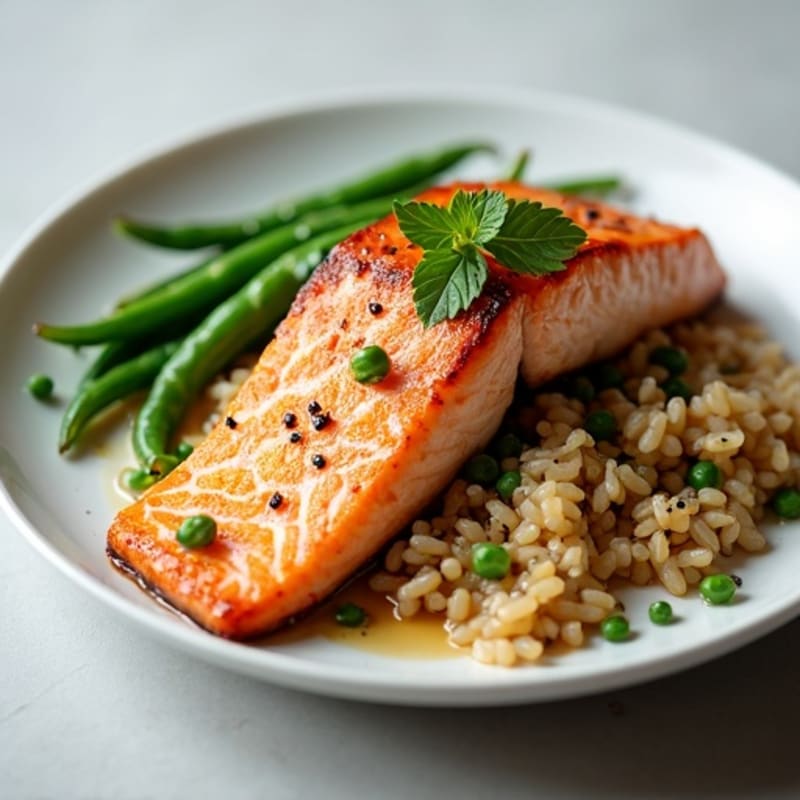 Seared Salmon with Garlic Green Beans and Brown Rice