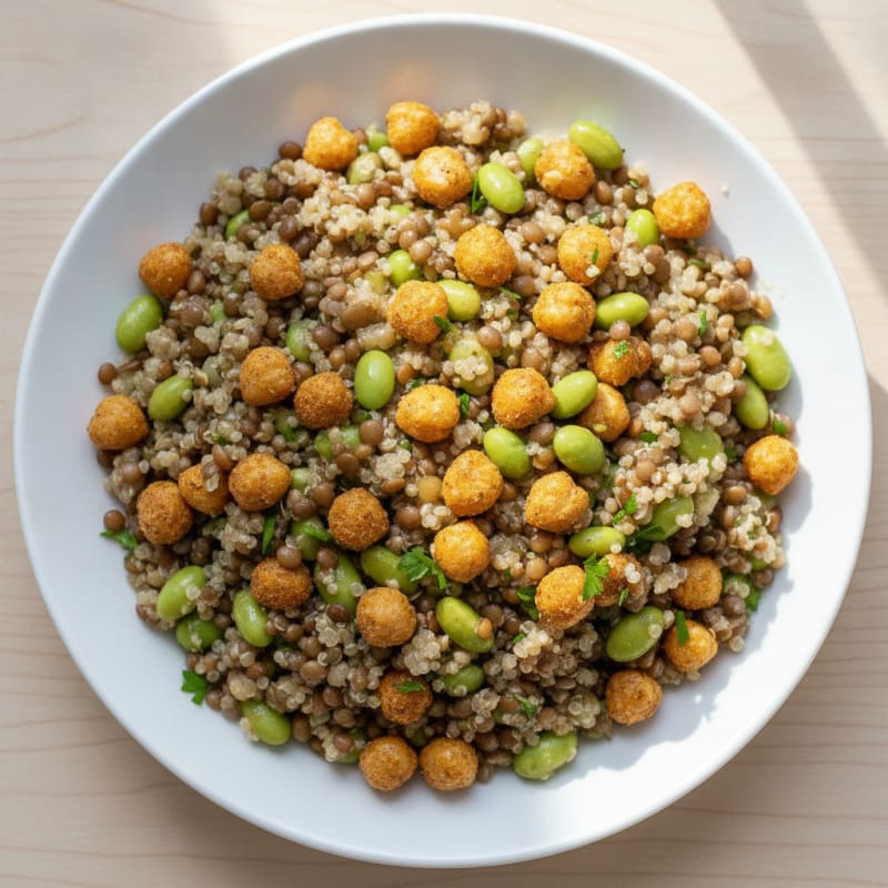 Lentil and Quinoa Power Salad with Edamame and Roasted Chickpeas