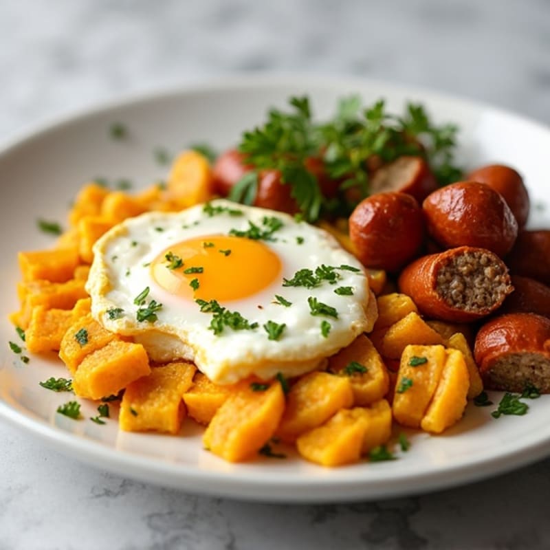 Egg White Scramble with Chicken Sausage and Roasted Sweet Potatoes