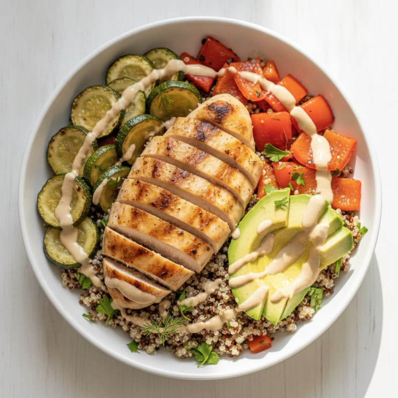 Grilled Chicken and Quinoa Power Bowl with Roasted Vegetables