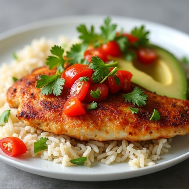 Crispy Skin Chicken Breast with Roasted Rice and Tomato Avocado Salsa