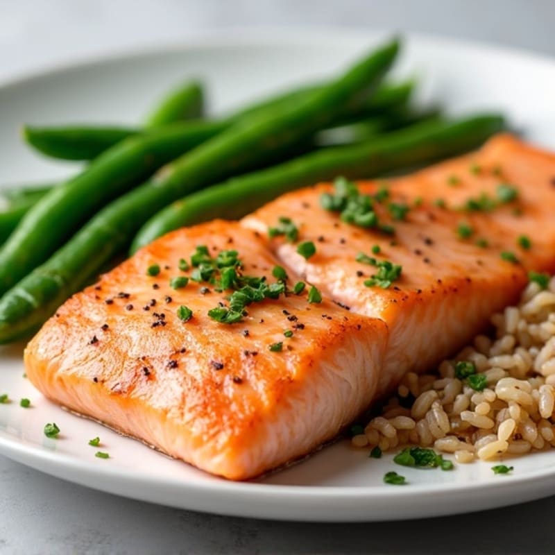 Seared Salmon with Garlic Green Beans and Brown Rice