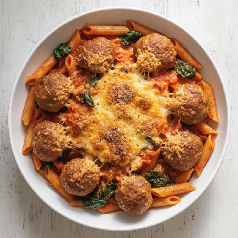 Sausage Meatball Pasta Bake