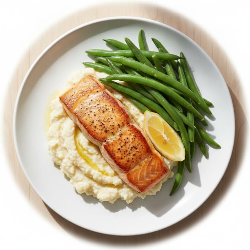 Seared Salmon with Steamed Green Beans and Garlic Cauliflower Mash
