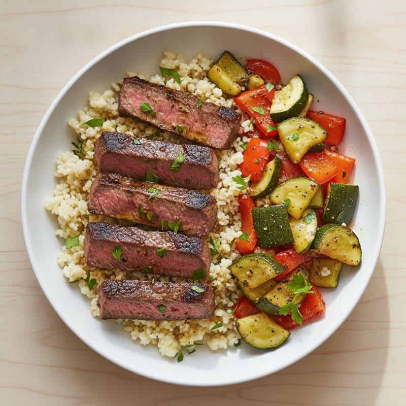 Grilled Beef and Roasted Vegetable Bowl with Cauliflower Rice