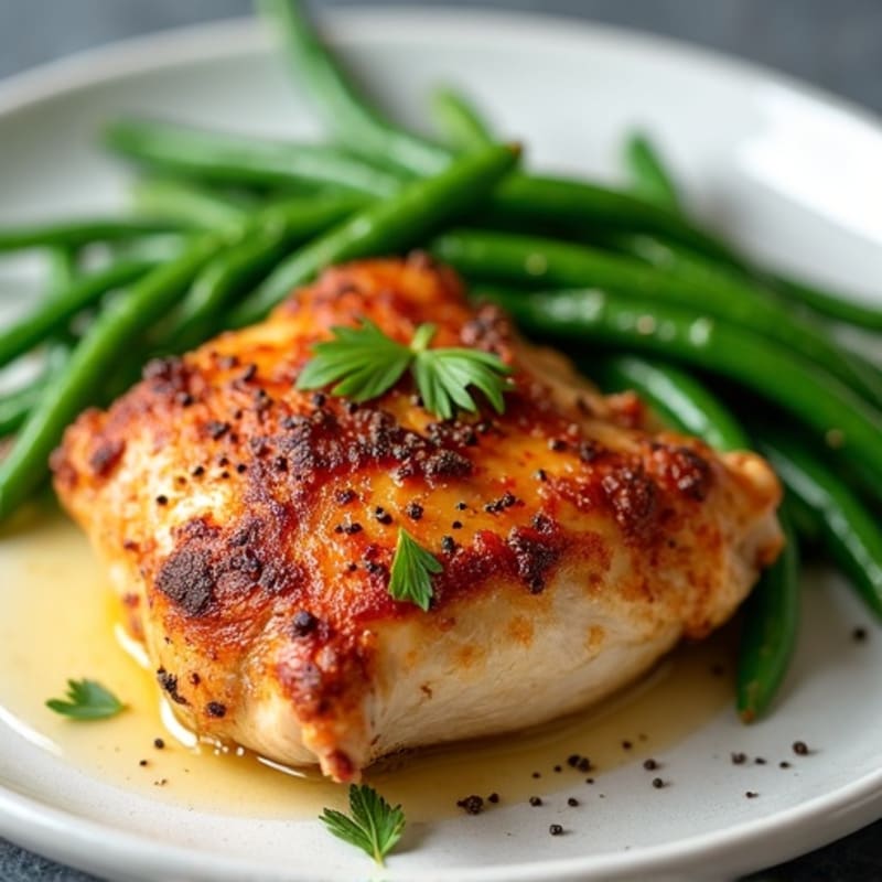 Crispy Roasted Chicken Thighs with Garlic Green Beans