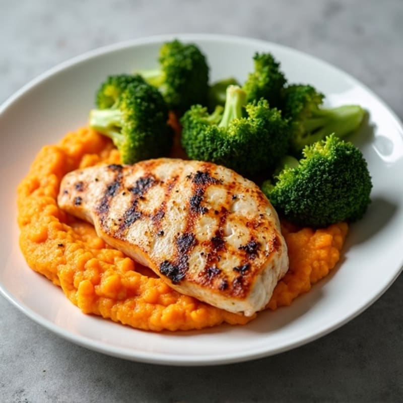 Grilled Chicken Breast with Roasted Broccoli and Sweet Potato Mash