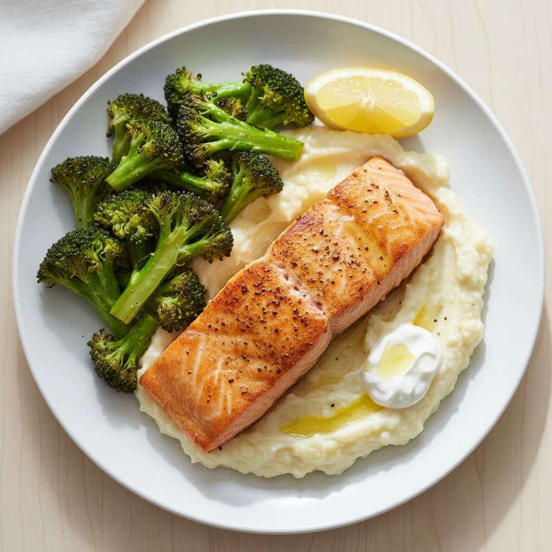 Seared Salmon Fillet with Roasted Broccoli and Garlic Mashed Cauliflower