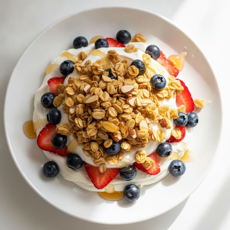 Greek Yogurt Parfait with Crunchy Almond Granola and Fresh Berries