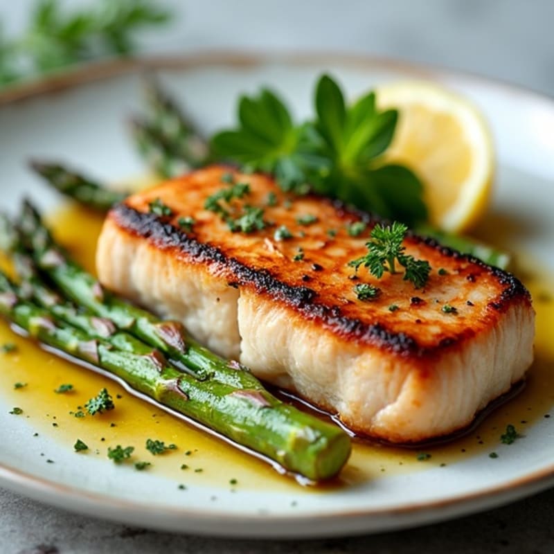 Flaky Seared Tuna with Roasted Asparagus and Fresh Herbs