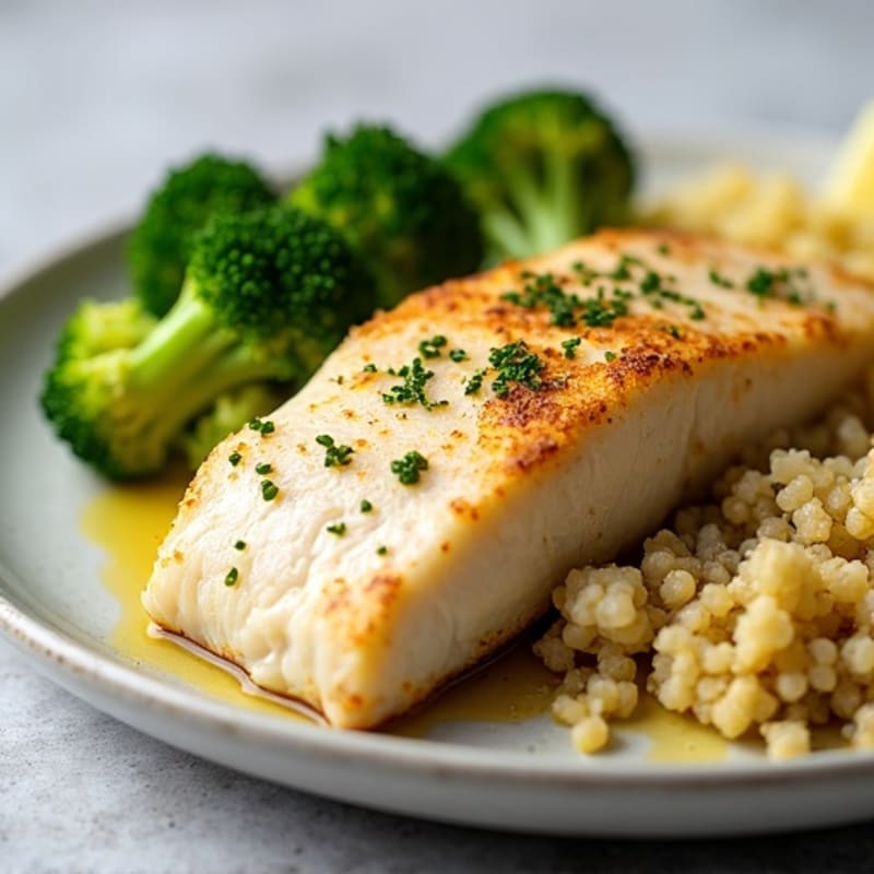 Seared Cod with Steamed Broccoli, Cauliflower Mash, and Quinoa