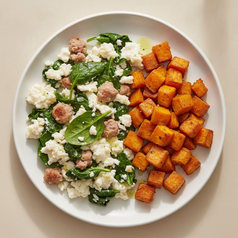 Egg White and Turkey Sausage Scramble with Spinach and Roasted Sweet Potatoes