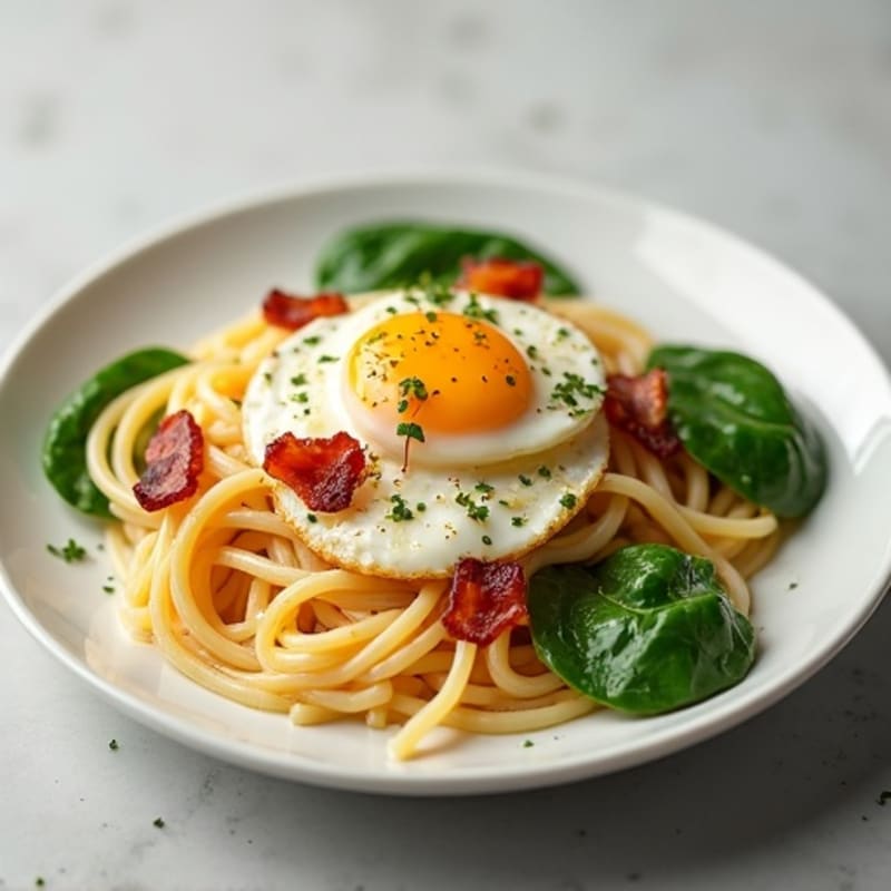 Creamy Spaghetti Carbonara with Lean Turkey Bacon and Fresh Spinach