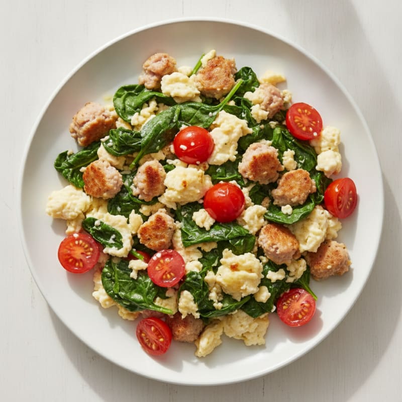 Egg White Scramble with Turkey Sausage and Sautéed Spinach