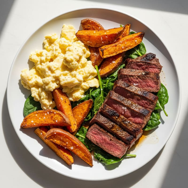 Scrambled Eggs with Steak, Roasted Sweet Potatoes and Spinach